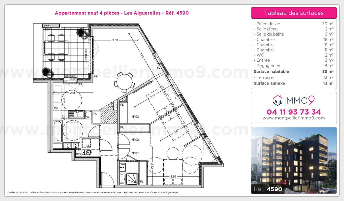 Plan et surfaces, Programme neuf Montpellier : Aiguerelles Référence n° 4590