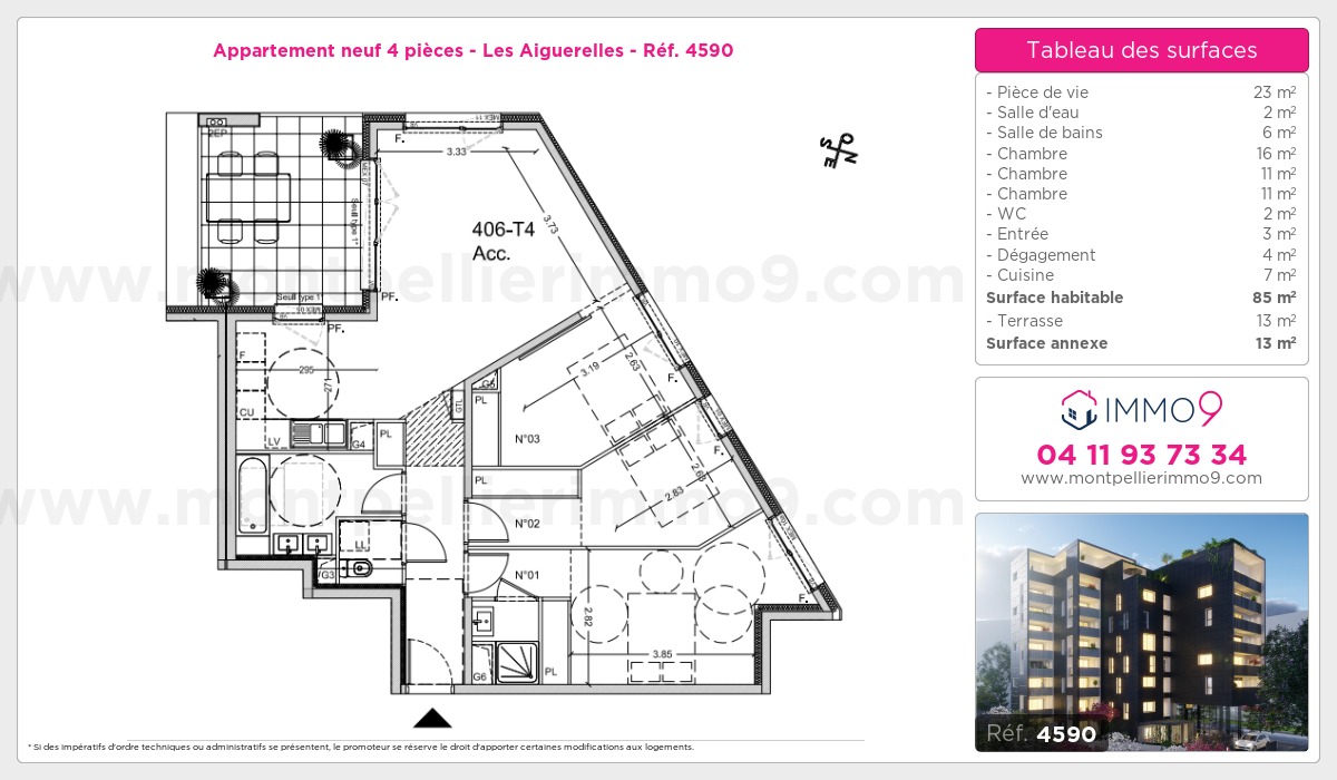 Plan et surfaces, Programme neuf Montpellier : Aiguerelles Référence n° 4590