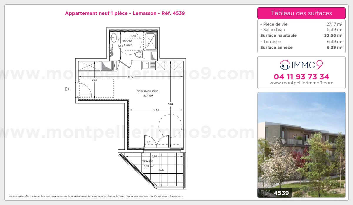 Plan et surfaces, Programme neuf Montpellier : Lemasson Référence n° 4539