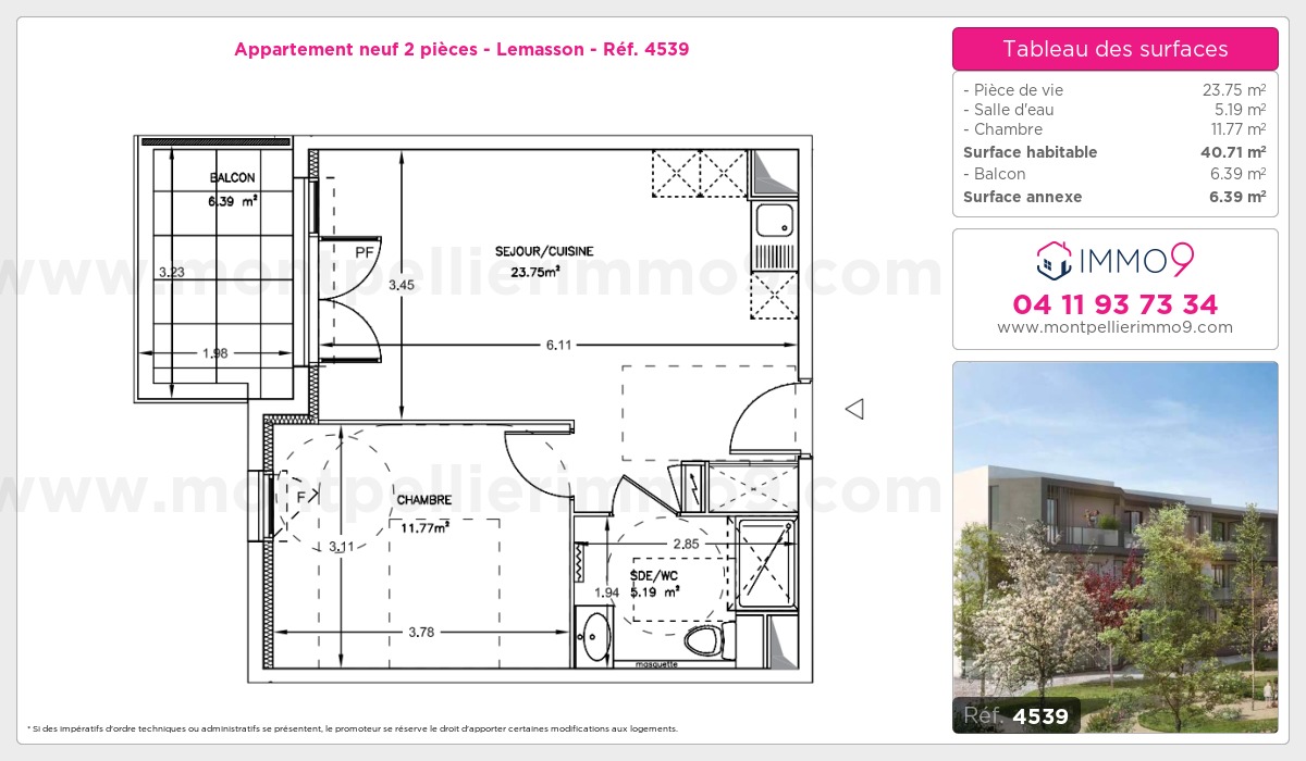 Plan et surfaces, Programme neuf Montpellier : Lemasson Référence n° 4539