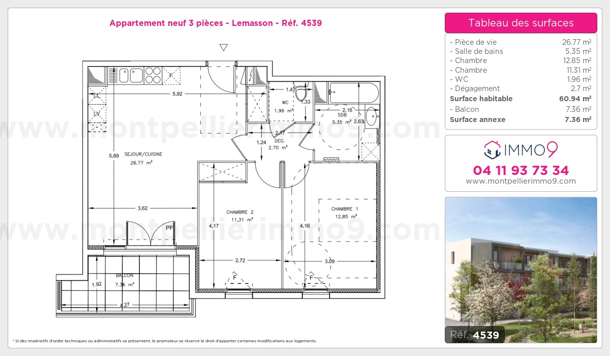 Plan et surfaces, Programme neuf Montpellier : Lemasson Référence n° 4539