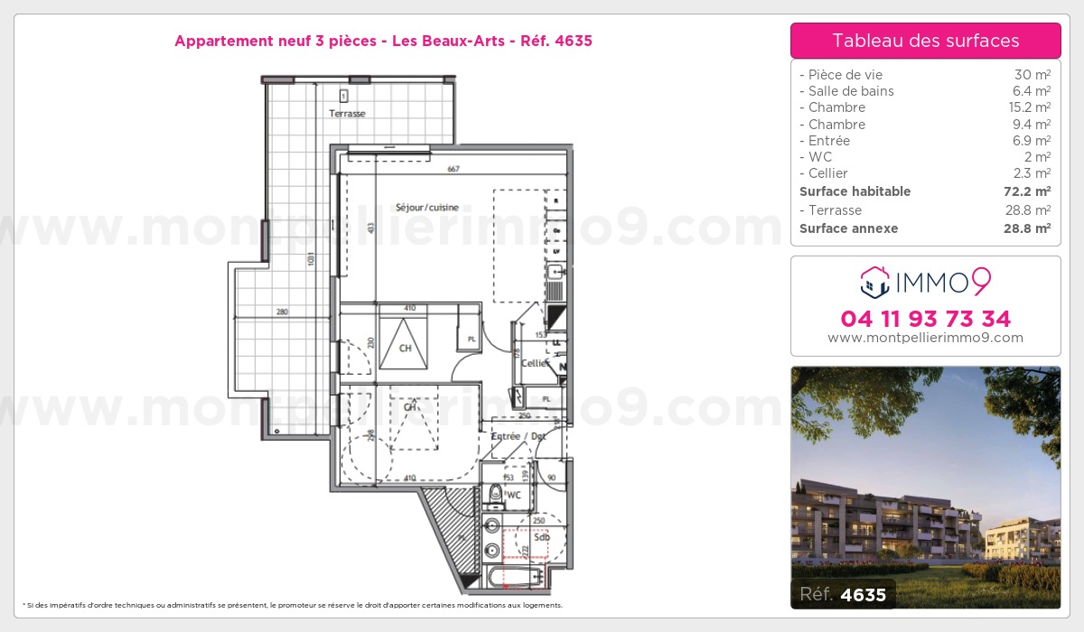 Plan et surfaces, Programme neuf Montpellier : Beaux-Arts Référence n° 4635