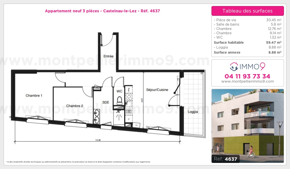 Plan et surfaces, Programme neuf Castelnau-le-Lez Référence n° 4637