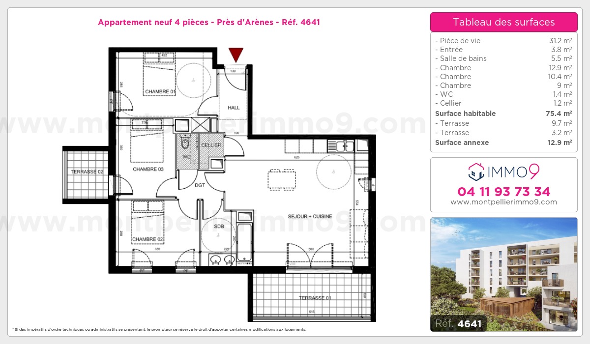 Plan et surfaces, Programme neuf Montpellier : Près d'Arènes Référence n° 4641
