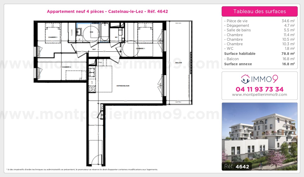 Plan et surfaces, Programme neuf Castelnau-le-Lez Référence n° 4642