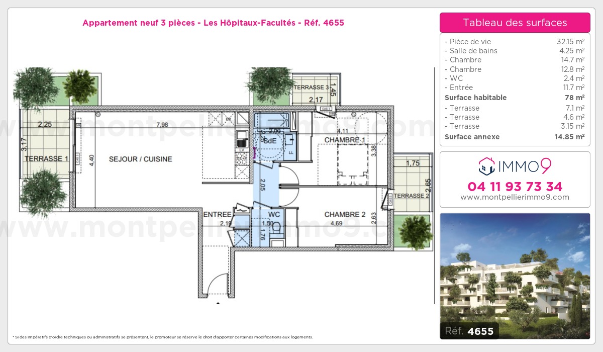 Plan et surfaces, Programme neuf Montpellier : Hôpitaux-Facultés Référence n° 4655