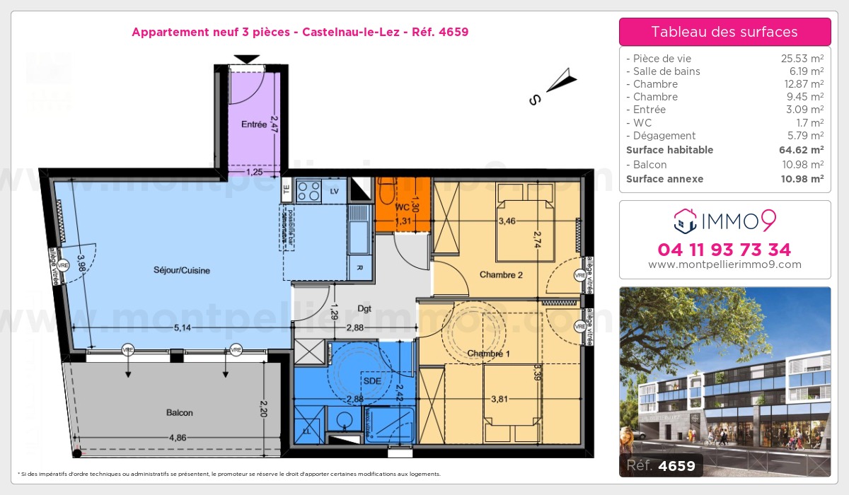 Plan et surfaces, Programme neuf Castelnau-le-Lez Référence n° 4659