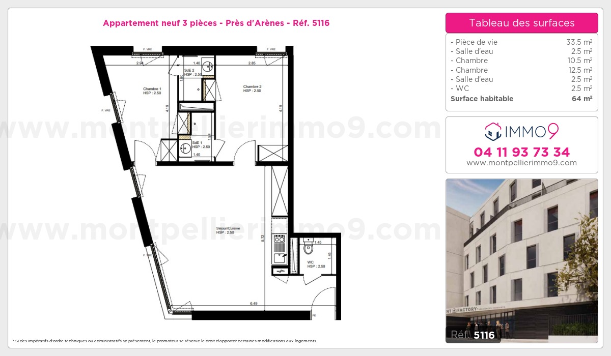 Plan et surfaces, Programme neuf Montpellier : Près d'Arènes Référence n° 5116