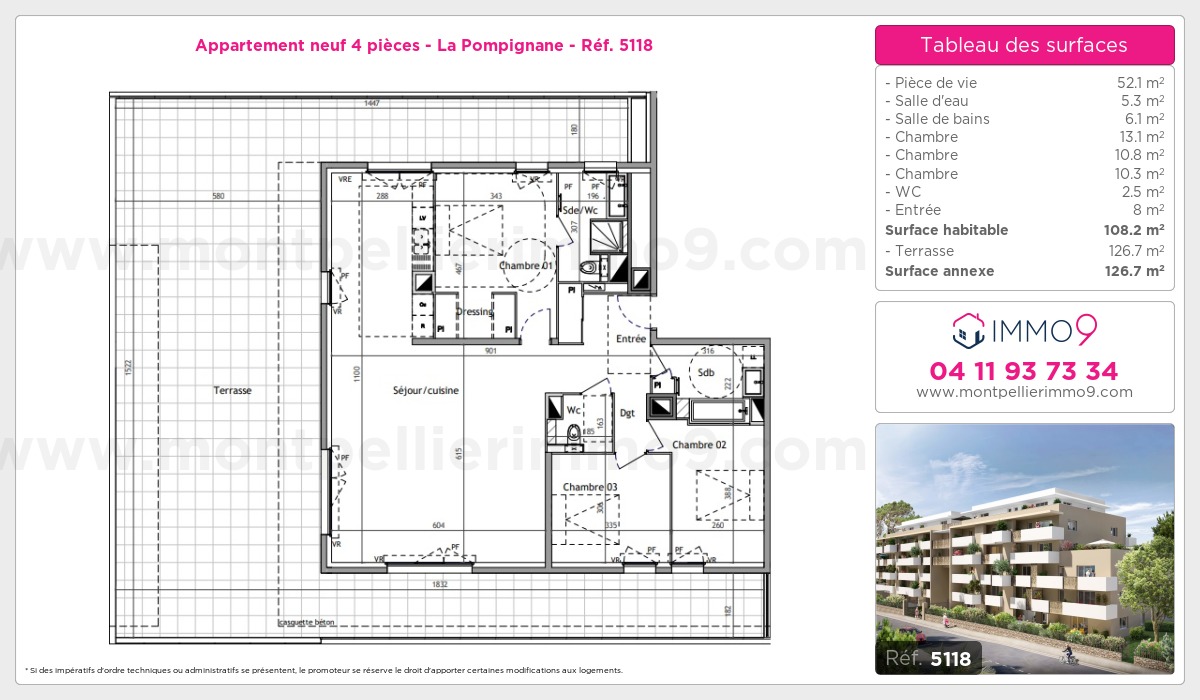 Plan et surfaces, Programme neuf Montpellier : Pompignane Référence n° 5118