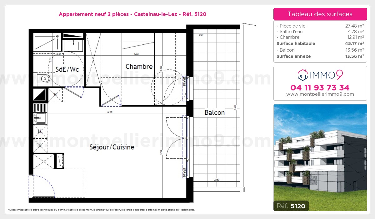 Plan et surfaces, Programme neuf Castelnau-le-Lez Référence n° 5120