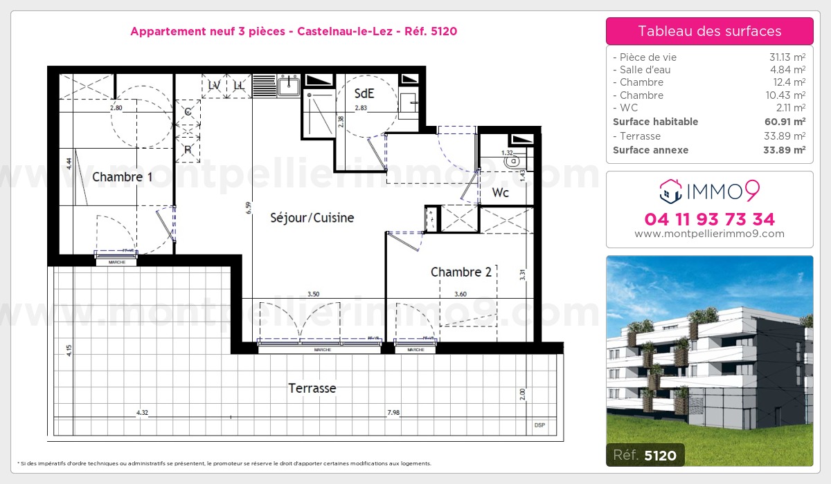 Plan et surfaces, Programme neuf Castelnau-le-Lez Référence n° 5120