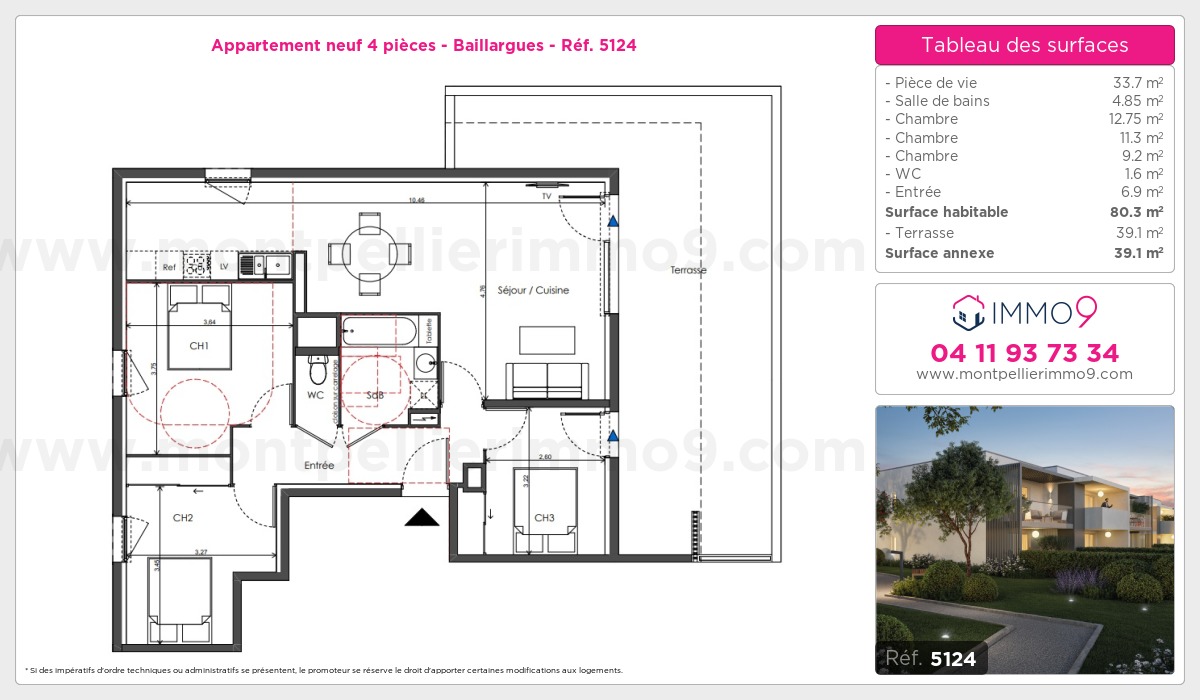 Plan et surfaces, Programme neuf Baillargues Référence n° 5124