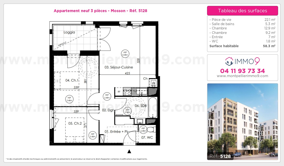 Plan et surfaces, Programme neuf Montpellier : Mosson Référence n° 5128