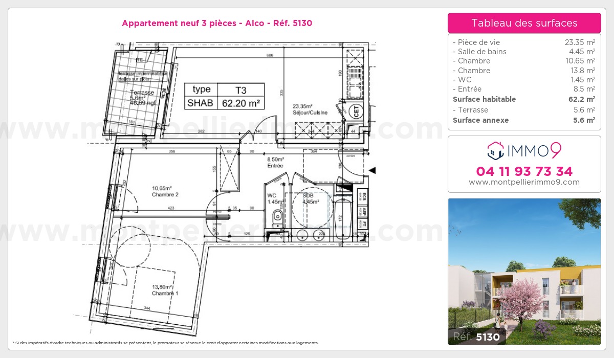 Plan et surfaces, Programme neuf Montpellier : Alco Référence n° 5130