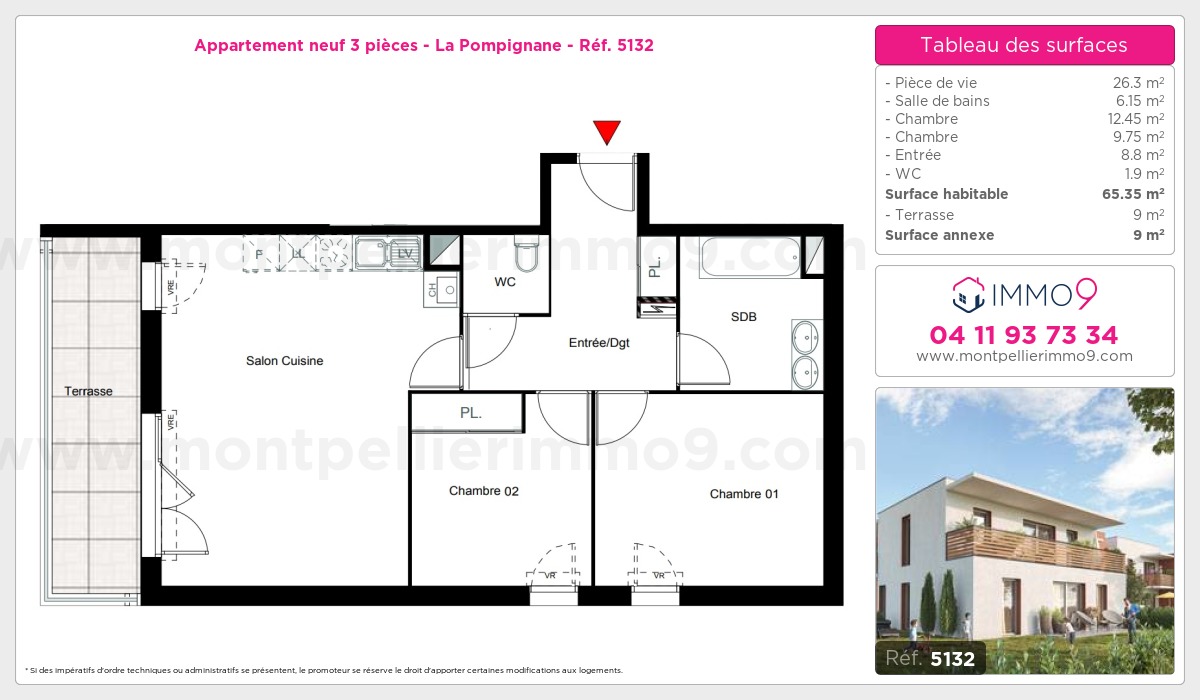 Plan et surfaces, Programme neuf Montpellier : Pompignane Référence n° 5132
