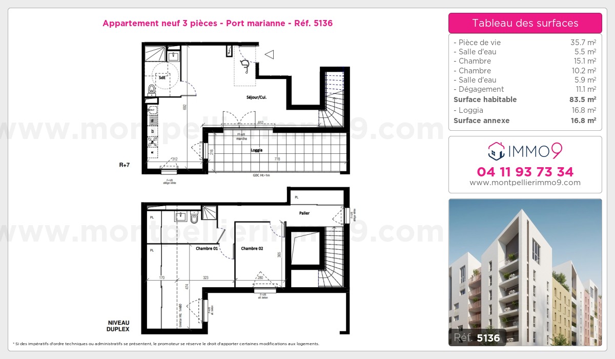 Plan et surfaces, Programme neuf Montpellier : Port marianne Référence n° 5136