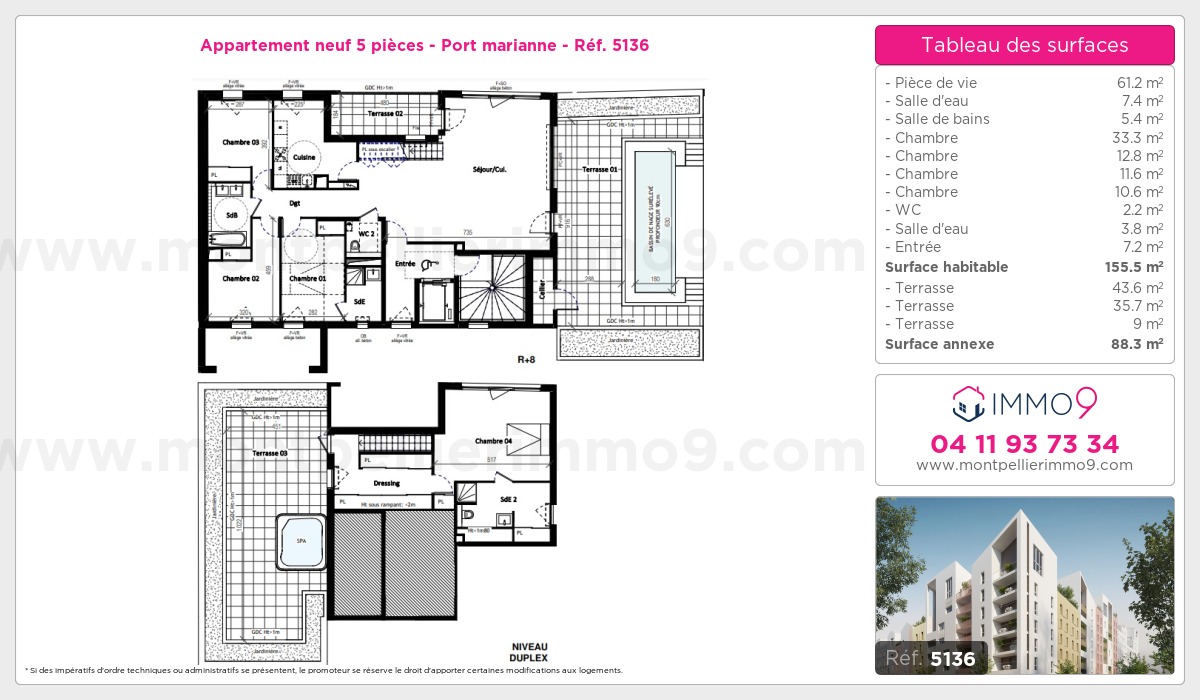 Plan et surfaces, Programme neuf Montpellier : Port marianne Référence n° 5136