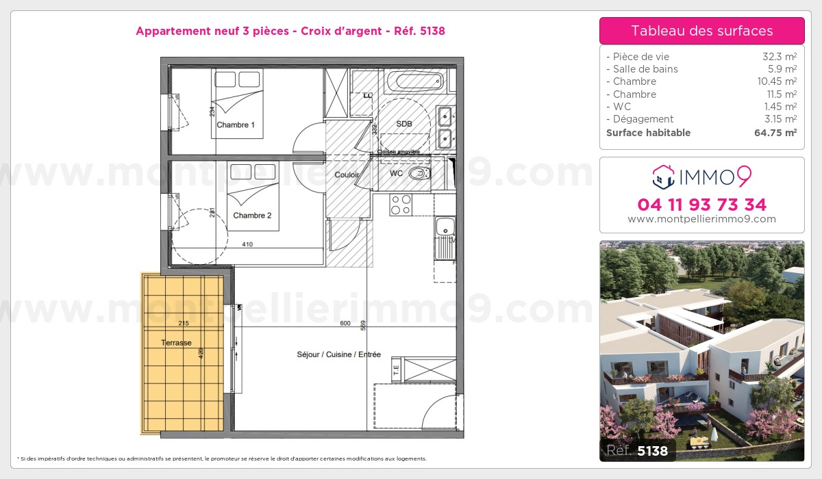 Plan et surfaces, Programme neuf Montpellier : Croix d'argent Référence n° 5138