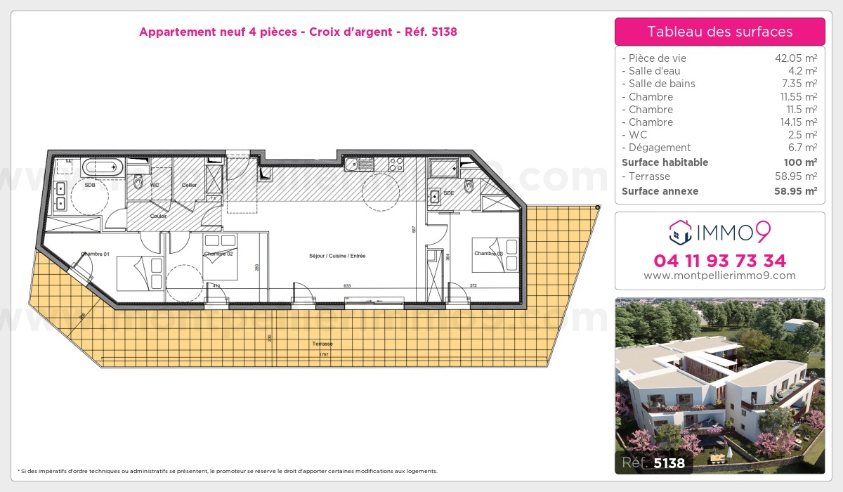 Plan et surfaces, Programme neuf Montpellier : Croix d'argent Référence n° 5138