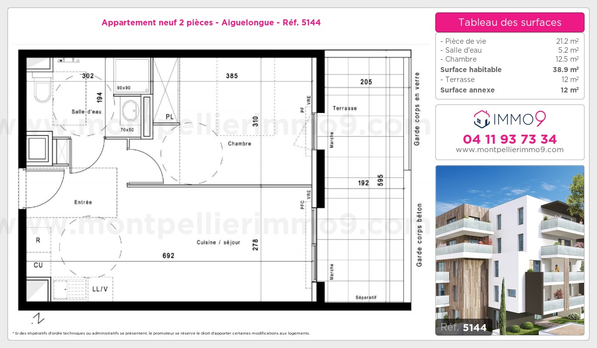 Plan et surfaces, Programme neuf Montpellier : Aiguelongue Référence n° 5144