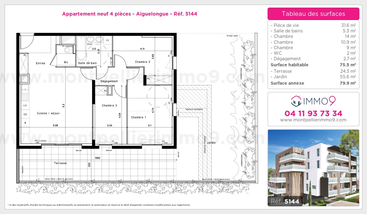 Plan et surfaces, Programme neuf Montpellier : Aiguelongue Référence n° 5144