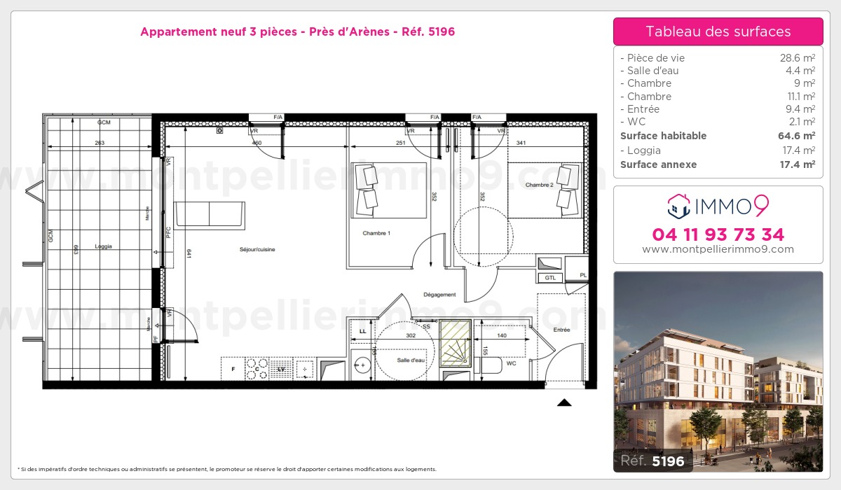 Plan et surfaces, Programme neuf Montpellier : Près d'Arènes Référence n° 5196