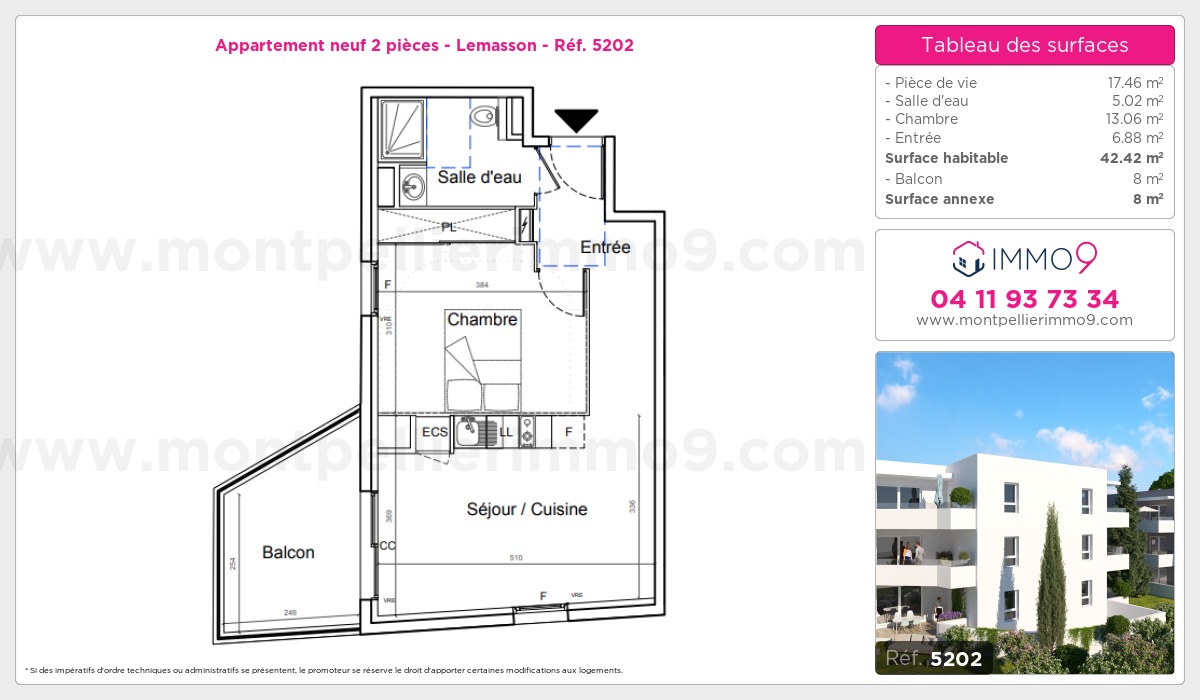 Plan et surfaces, Programme neuf Montpellier : Lemasson Référence n° 5202