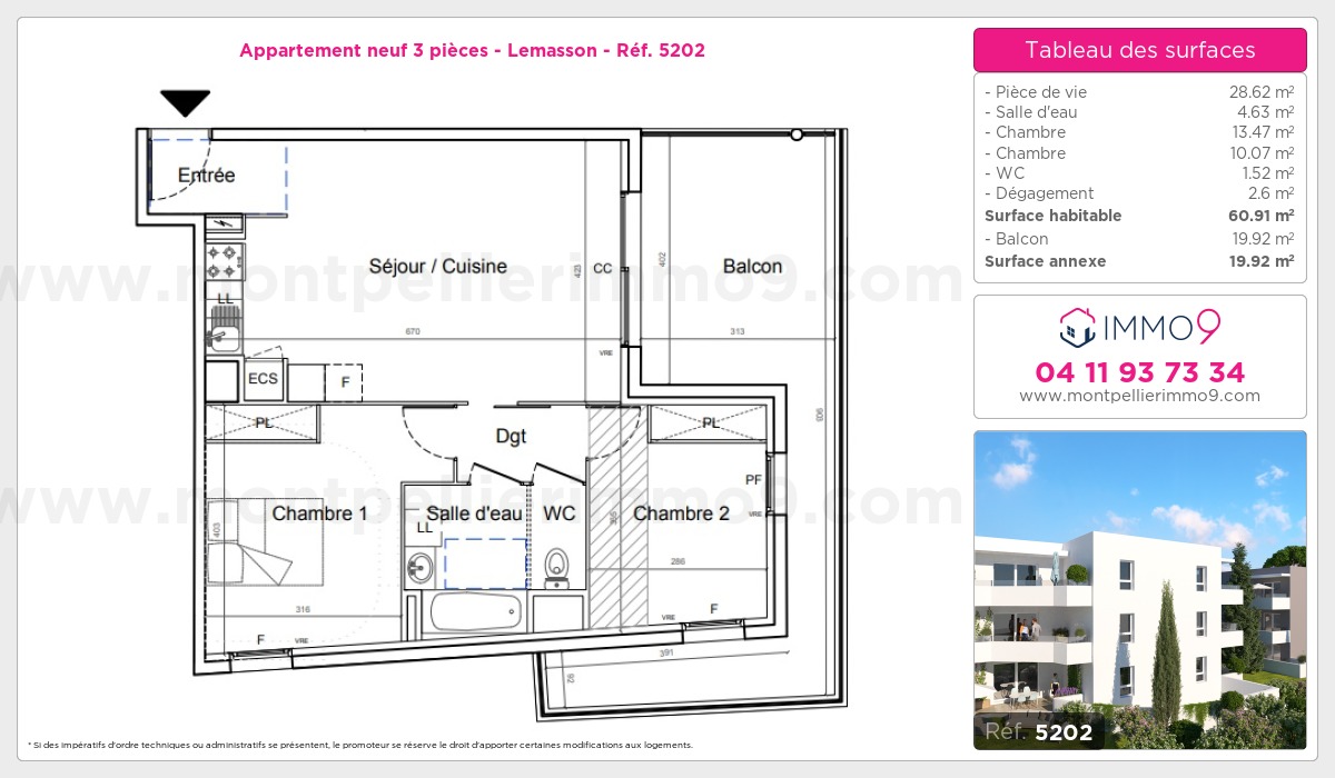 Plan et surfaces, Programme neuf Montpellier : Lemasson Référence n° 5202