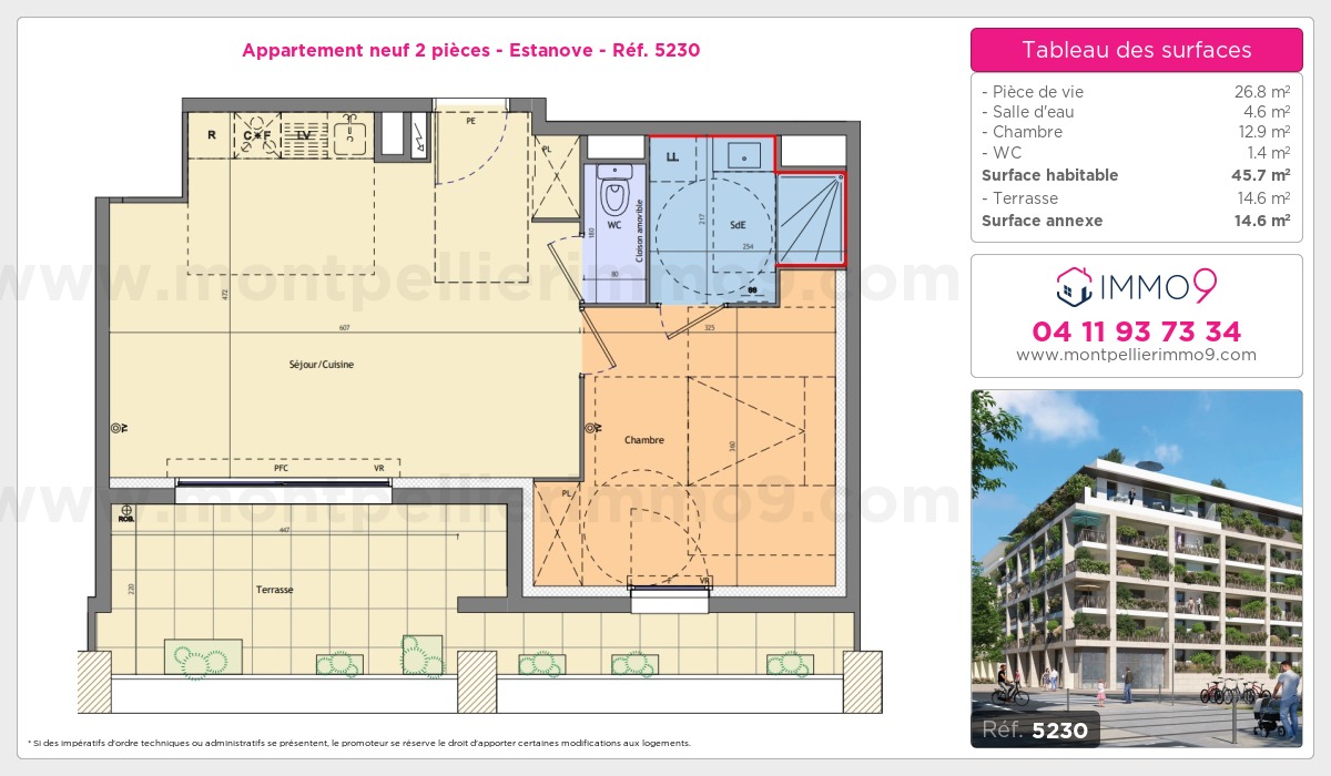 Plan et surfaces, Programme neuf Montpellier : Estanove Référence n° 5230