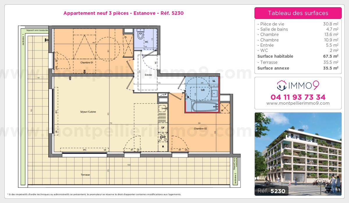 Plan et surfaces, Programme neuf Montpellier : Estanove Référence n° 5230