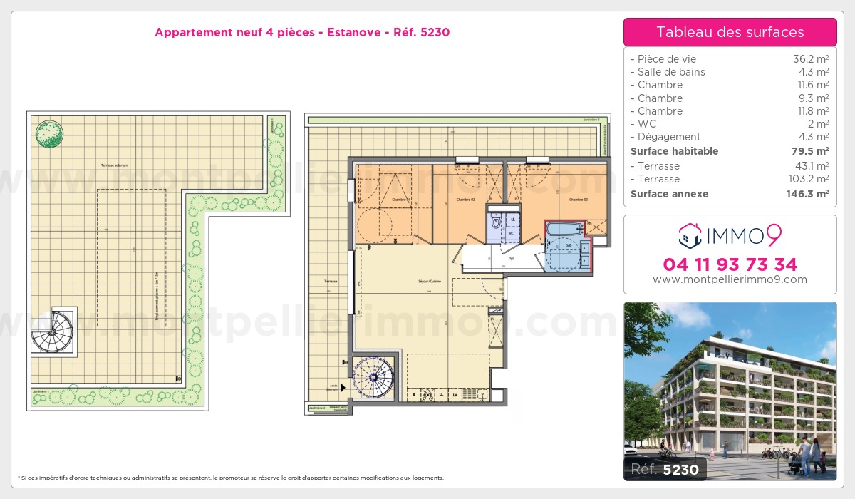 Plan et surfaces, Programme neuf Montpellier : Estanove Référence n° 5230