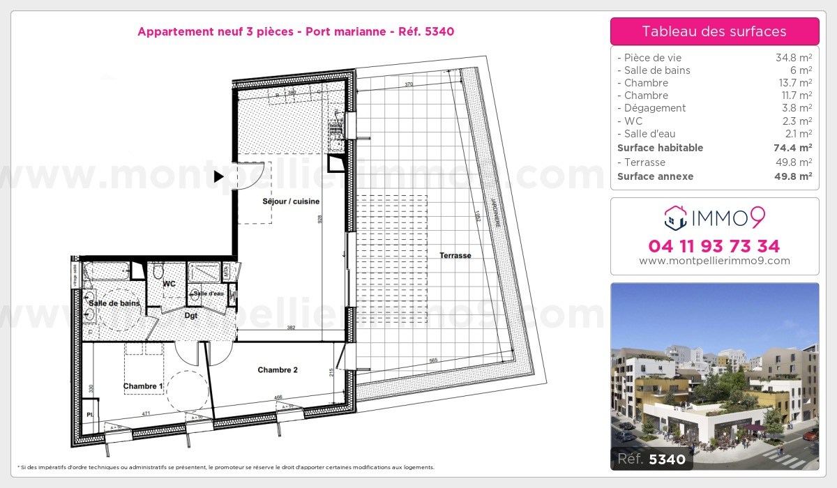 Plan et surfaces, Programme neuf Montpellier : Port marianne Référence n° 5340