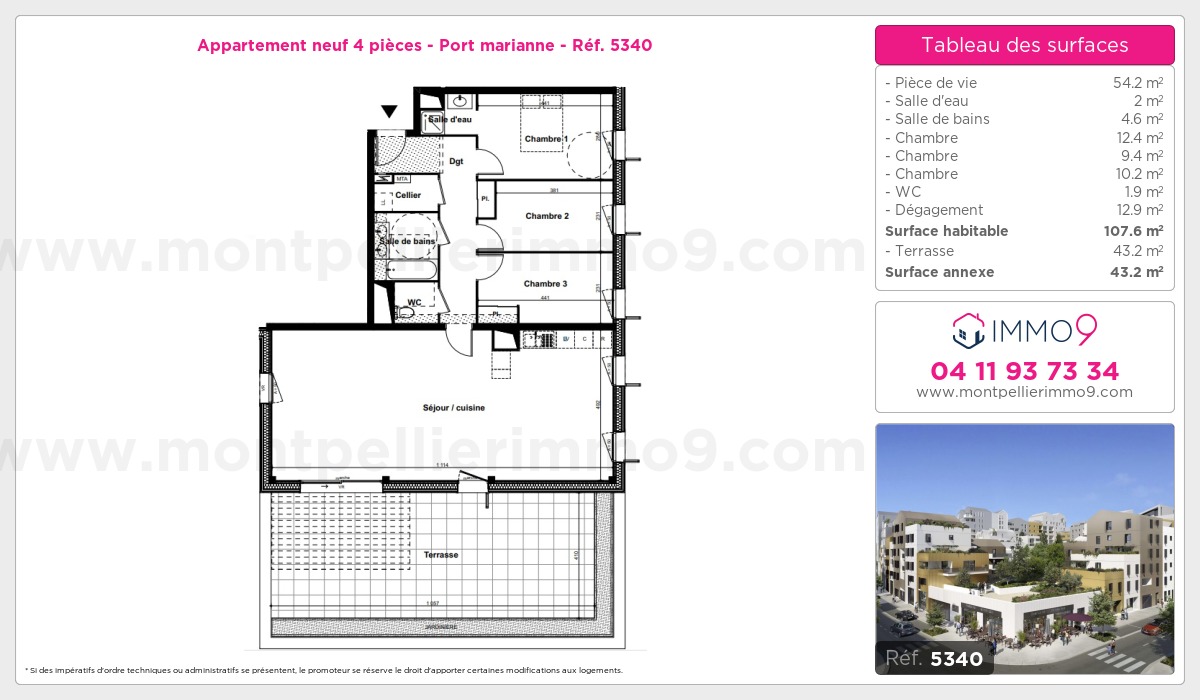 Plan et surfaces, Programme neuf Montpellier : Port marianne Référence n° 5340