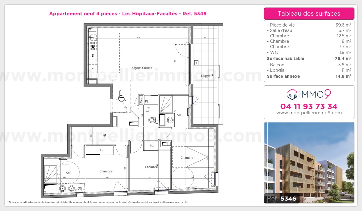 Plan et surfaces, Programme neuf Montpellier : Hôpitaux-Facultés Référence n° 5346