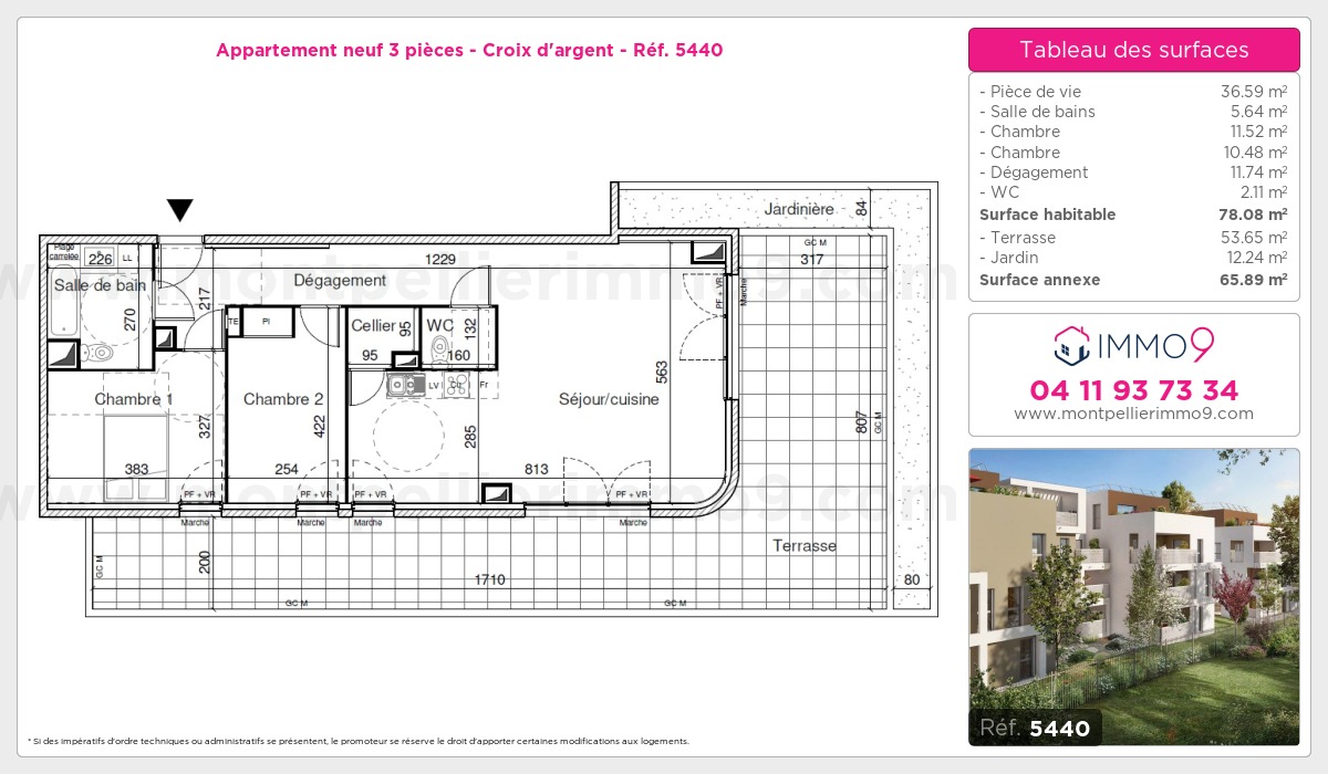 Plan et surfaces, Programme neuf Montpellier : Croix d'argent Référence n° 5440