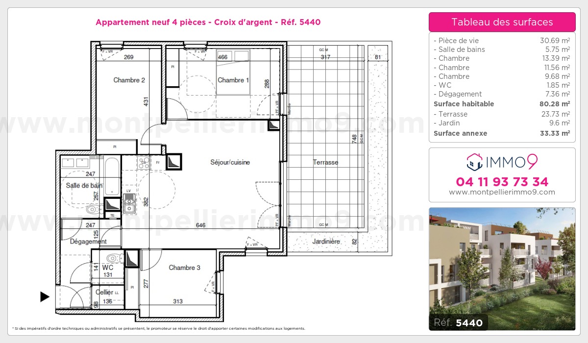 Plan et surfaces, Programme neuf Montpellier : Croix d'argent Référence n° 5440