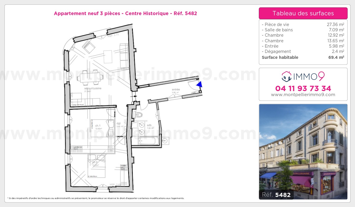 Plan et surfaces, Programme neuf Montpellier : Centre Historique Référence n° 5482