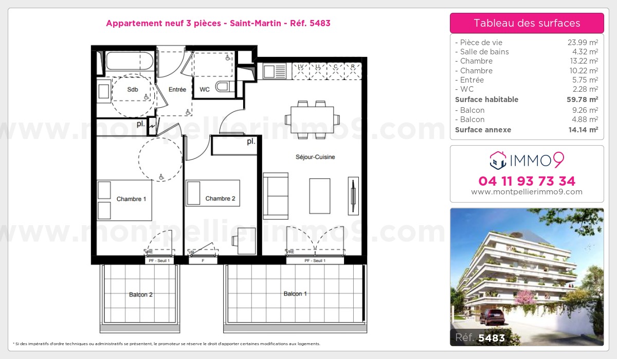 Plan et surfaces, Programme neuf Montpellier : Saint-Martin Référence n° 5483