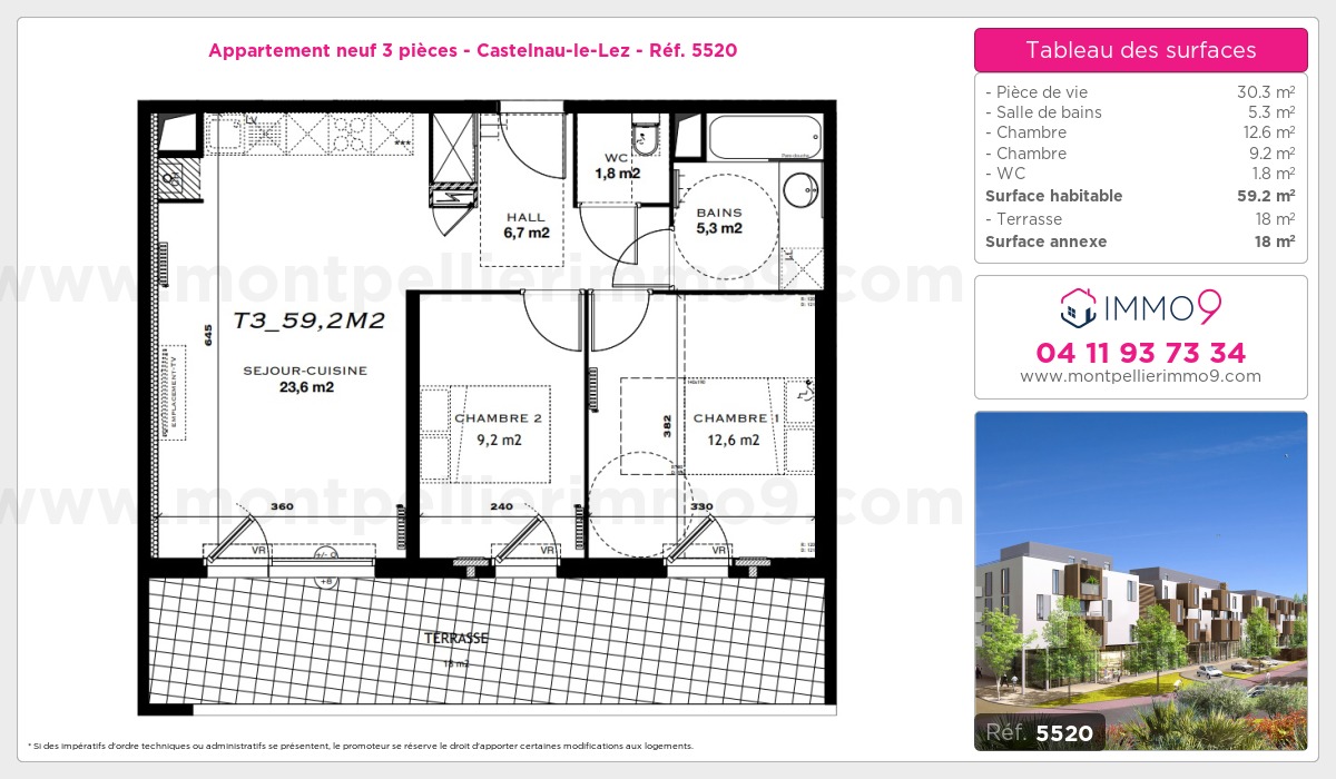 Plan et surfaces, Programme neuf Castelnau-le-Lez Référence n° 5520