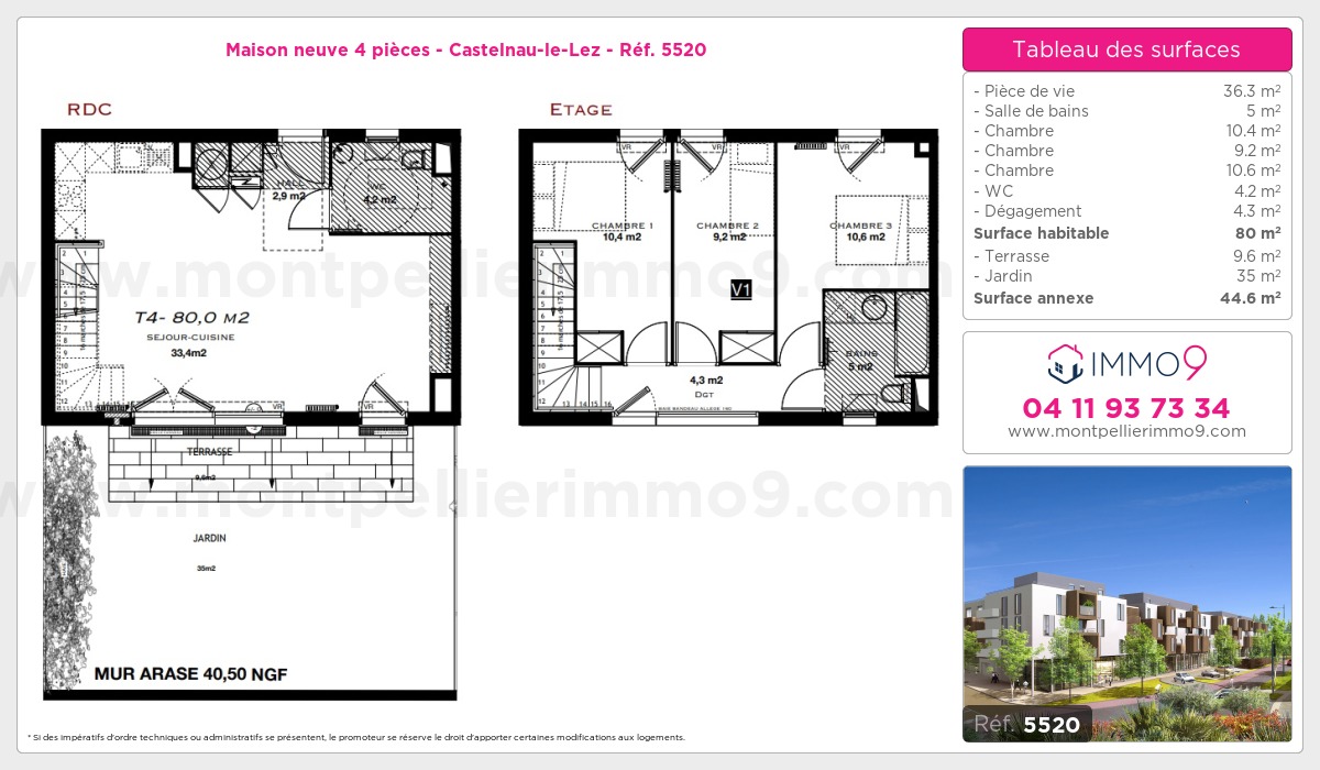 Plan et surfaces, Programme neuf Castelnau-le-Lez Référence n° 5520