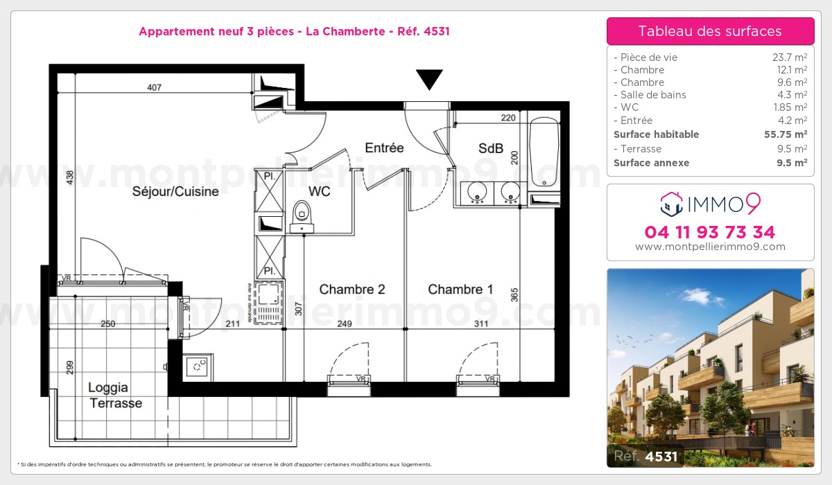 Plan et surfaces, Programme neuf Montpellier : Chamberte Référence n° 4531
