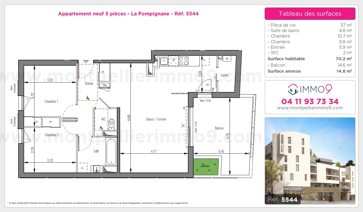 Plan et surfaces, Programme neuf Montpellier : Pompignane Référence n° 5544