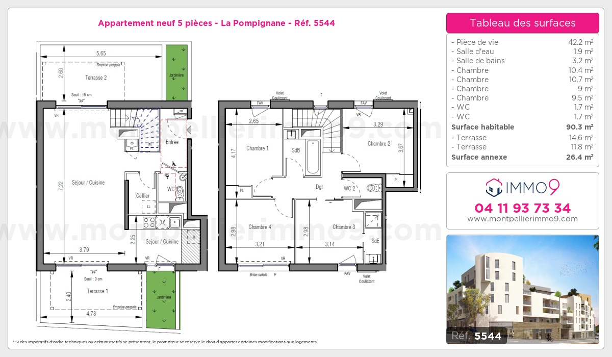 Plan et surfaces, Programme neuf Montpellier : Pompignane Référence n° 5544