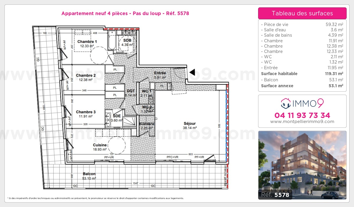 Plan et surfaces, Programme neuf Montpellier : Pas du loup Référence n° 5578