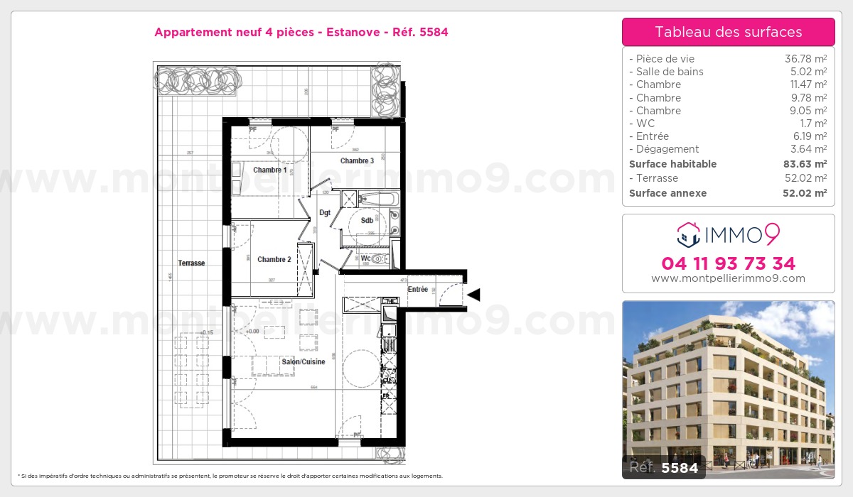 Plan et surfaces, Programme neuf Montpellier : Estanove Référence n° 5584