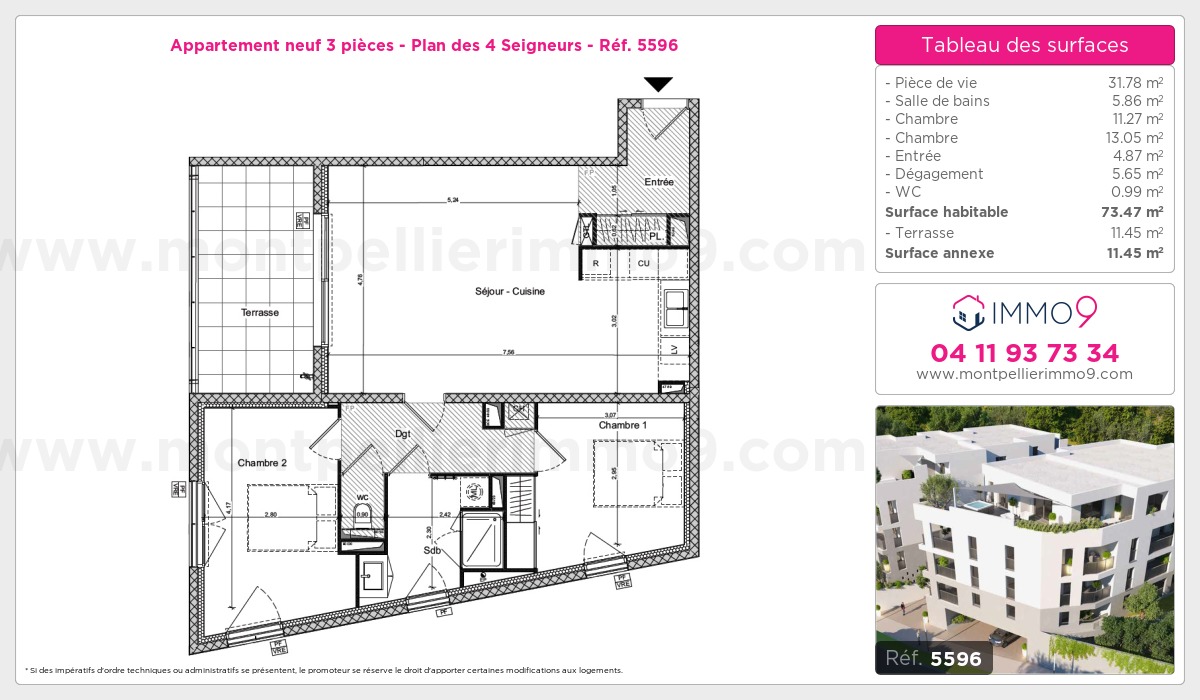 Plan et surfaces, Programme neuf Montpellier : Plan des 4 Seigneurs Référence n° 5596