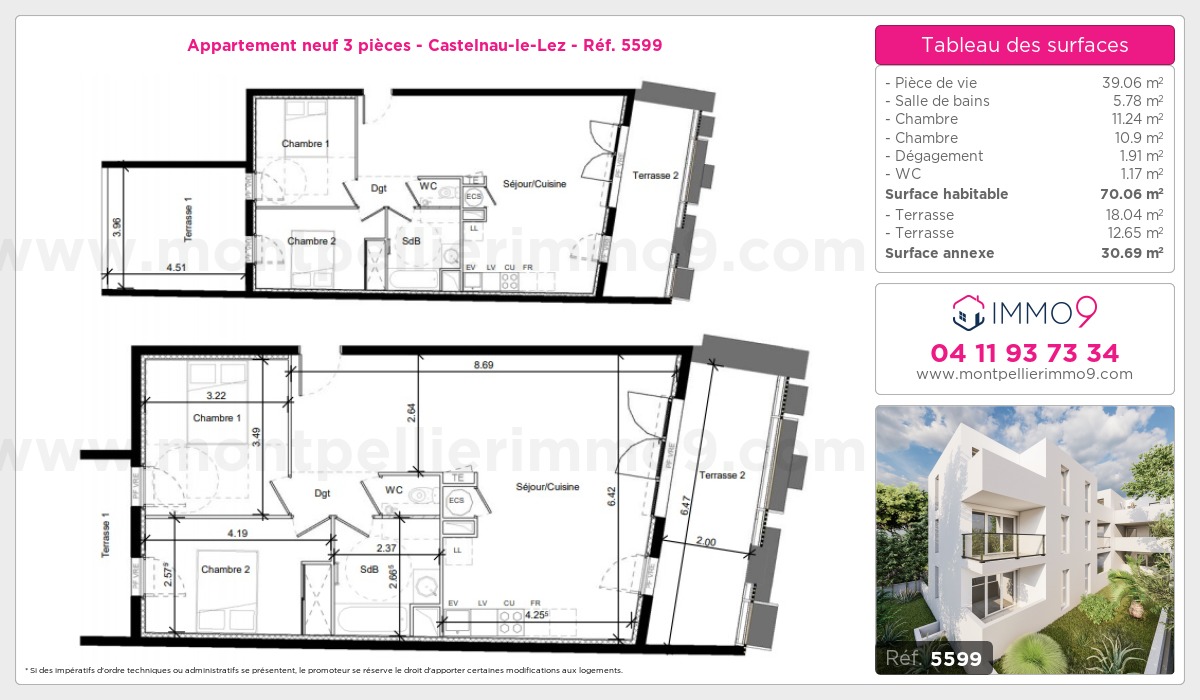 Plan et surfaces, Programme neuf Castelnau-le-Lez Référence n° 5599