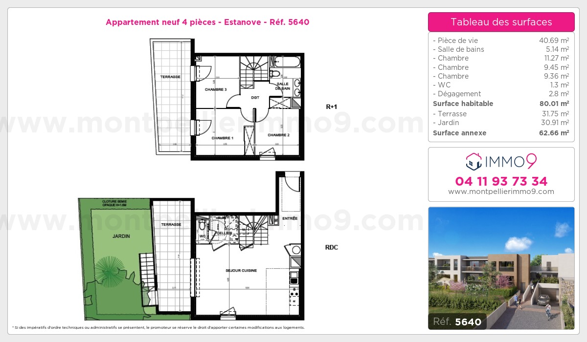 Plan et surfaces, Programme neuf Montpellier : Estanove Référence n° 5640