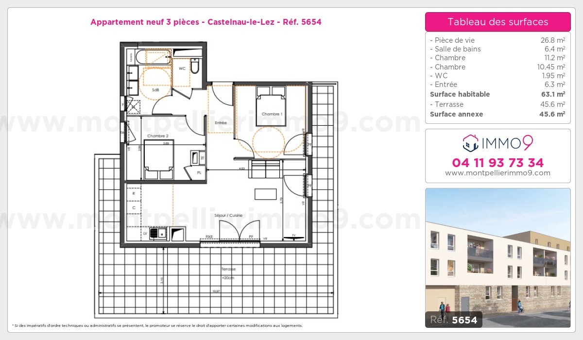 Plan et surfaces, Programme neuf Castelnau-le-Lez Référence n° 5654