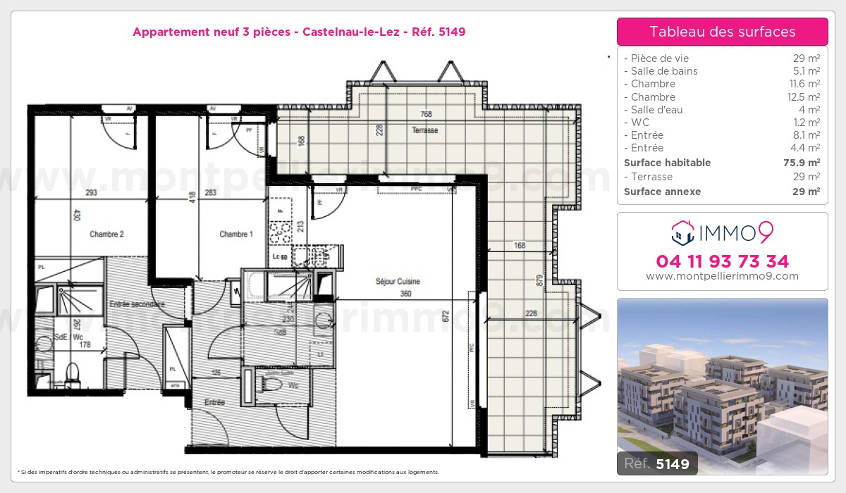 Plan et surfaces, Programme neuf Castelnau-le-Lez Référence n° 5149